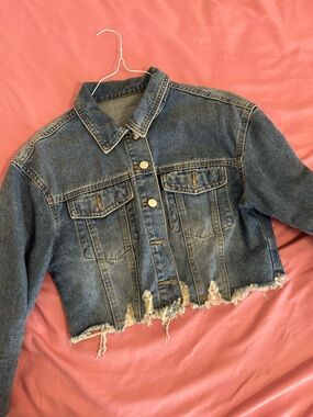 Cropped Distressed Denim Jacket - Blue